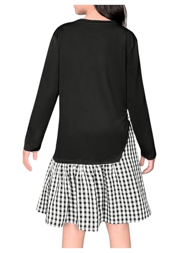 SweatyRocks Girl's Bowknot Plaid Dress Long Sleeve Crewneck Patchwork Asymmetrical A Line Dresses2