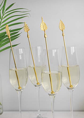 Image of Barcraft Premium Cocktail Stirrers in Gift Box for thinKitchen, Leaf Design, Stainless Steel, Gold Coloured, Set of 4