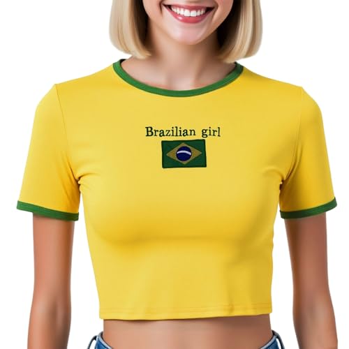 Photo de Haut court pour femme avec drapeau du Brésil - T-shirt court avec imprimé « Brazilian Girl » | T-shirt moulant pour l'été, Style_o01 Bleu, L