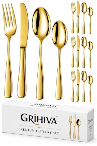 Image of 16 Pcs Gold Mirror Polish Stainless Steel Cutlery Set for Dining Table with Spoons and Forks Set + Butterknives - The Perfect Tableware /Flatware