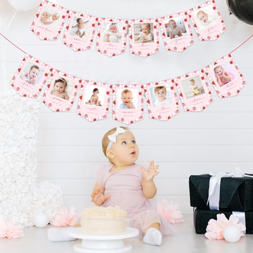 Image of JarThenaAMCS 2Pcs Strawberry Photo Banners Pink Red Plaid Daisy Strawberry Banner Newborn to 12 Months Picture Display Garland for 1st Birthday Decoration