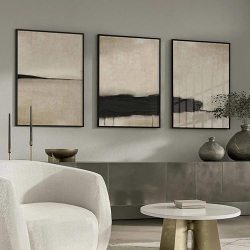 Peinture sur toile minimaliste pour salon moderne, triptyque beige et noir texturé GELYX