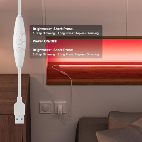 Image of 5V COB Red Led Strip Light 6.56FT USB Powered CRI90+ LED Tape Lights with Dimmer, 8mm Width Dimmable High Density Flexible Strips for TV Under Cabinet Bedroom