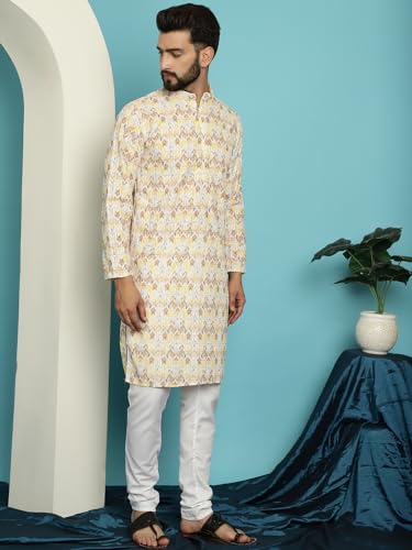 Image of SOJANYA (Since 1958 Men's Cotton Embroidered Printed Kurta & White Pyjama Set