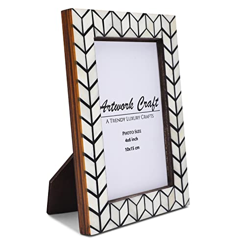 Artwork Craft Bone Photo Frame Chevron Herringbone Art Vintage Table-Top/Wall Décor With Premium Back Painted Picture Frames Black And White (6X4 Inch) #TOP4