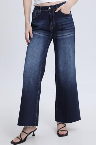 Women's Wide Leg Jeans High Waisted Stretch Loose Fit Denim Pants with Vintage Whisker Distressed Details3