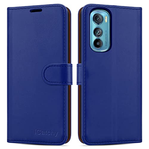iCatchy for Motorola Edge 30 Case Leather Wallet Book Flip Kickstand Card Slots Full Protection Folio Cover Compatible for Motorola Edge 30 Phone (Blue)