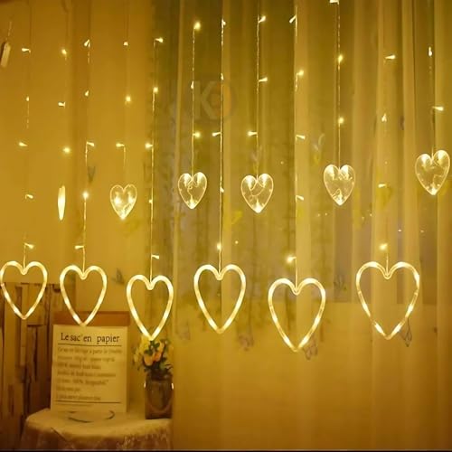 Image of K D 6 +6 Heart Warm Yellow 138 LEDs Curtain LED String Lights (3.5 ft Length + 0.5 FT Length After Adapter = 4ft) with 8 Modes Indoor Outdoor for Home, Diwali, Navratri (Heart 6+6 Warm Yellow)