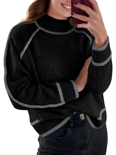 PrinStory Women's Mock Neck Pullover Sweater Long Sleeve Color Block Loose Knit 2024 Fall and Winter Basic Trend Outfits Black L