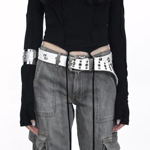 Y2K Punk Gothic Belt with Metal Buckle – Studded PU Leather Alt Fashion Waist Belt for Men & Women (Black/White)3
