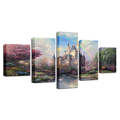 PANDABOOM 5 Partes Cuadro En Lienzo, Enmarcadas HD Lienzo Cuadros Arte De Pared, Cuadros Decoracion Salon Modernos Listo para Colgar, Castillo Soñador del Arco Iris, 80X150Cm