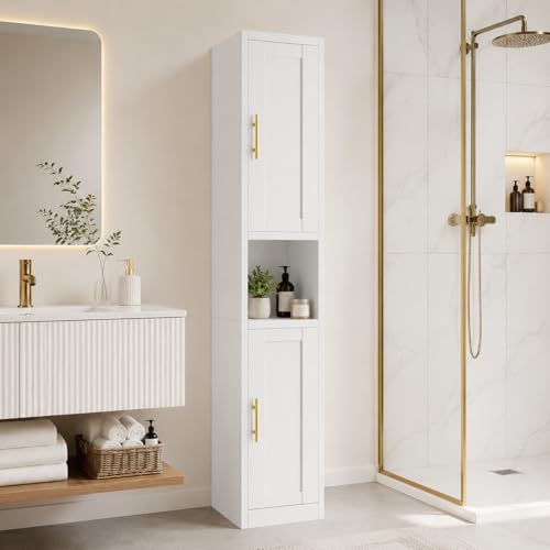 Image of Tall Narrow Pantry Cabinet for Kitchen, 67 inch H Metal Storage Cabinets with Doors and 3 Adjustable Shelves for Dining Room, Living Room and Home Office (12 inches Wide White)