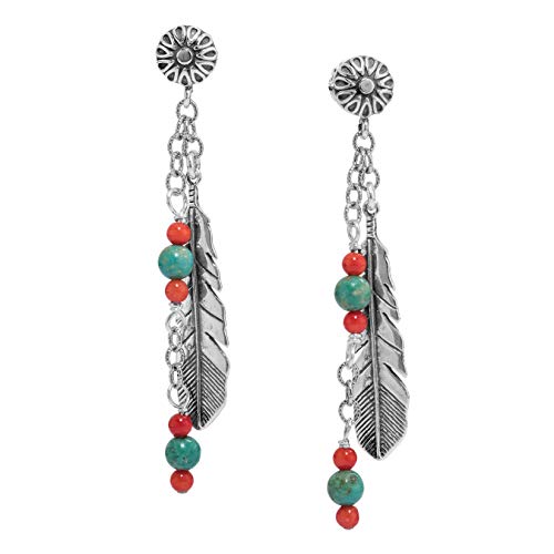 American West Sterling Green Turquoise & Red Coral Gemstones Feather Dangle Earrings
