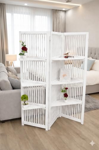 Image of Wooden Partition Divider for Living Room, Partition Wall, Privacy Divider, Freestanding Folding Panels for (6 Feet 3 Panel with 3 Shelve) (6 Feet 3 Panel White with Shelves)
