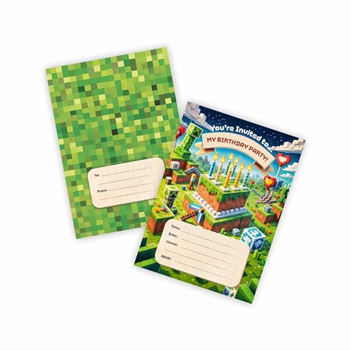 Huxters 14 pcs Video Gaming Birthday Kids Party Invitations for Boys Game Theme Party-Invites Childrens Parties Supplies Block Themed Survival Mode Double-Sided (MC Gamer)