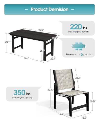 Image of Ciokea HDPE Outdoor Dining Set, Patio Table and 6 Stackable Chairs, Black | All-Weather Furniture Set with 2 inch Umbrella Hole and Armless Chair. Breathable Teslin Fabric Suitable for Outdoor Leisure.
