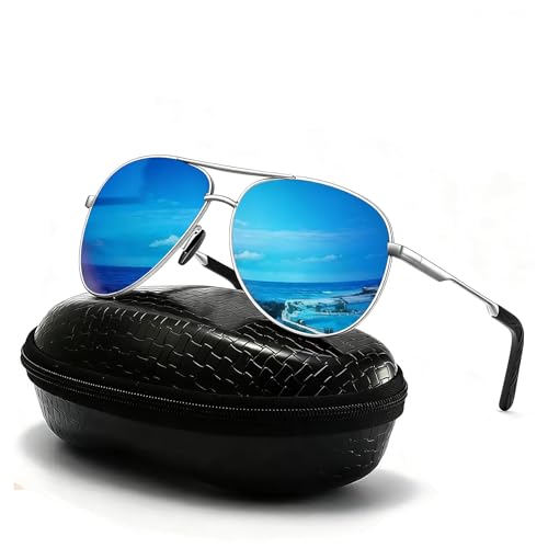 DXRPO Gafas de Sol Hombre Mujer Polarizadas Aviador, UV400 en Aleación Al Mg Premium, Marco Metálico Vintage Outdoor, Azul/Plateado