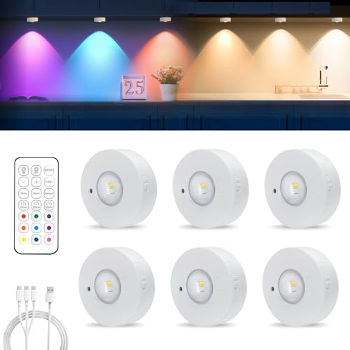 MERTTURM Recargable LED Armario Luz con Control Remoto, Regulables Mini LED Vitrina, 3 Temperaturas de Color, 9 RGB Iluminación de Armarios [6 Pieza]