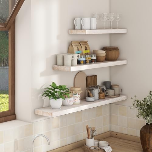 Image of Floating Shelves for Wall, 36in Reclaimed Elm Wood Shelves, White, 2PCs | 8in Deep Rustic Solid Elm Wood Wall Shelves for Storage, Wall Mounted, Invisible Metal Bracket