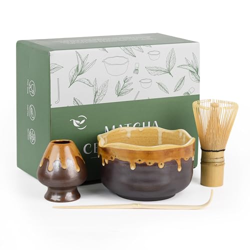 Matcha Whisk Set Handcrafted Matcha Bowl with Spout Bamboo Whisk Scoop and Chasen Holder 4 pcs Matcha Kit Tea Ceremony Set for Matcha Lovers (Coffee Sand)