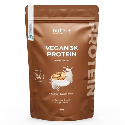 Nutri + Vegan Proteinpulver Cinnamon Cereal 1 kg - 3k Eiweißshake - Veganes Eiweißpulver ohne Laktose Protein Powder - Proteinkomplex Zimt Cerealien