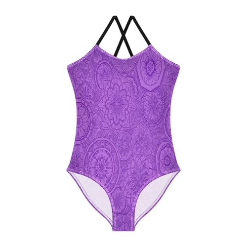 Mandalas Purple Floral Kids One Piece Swimsuit Girls, Summer Beach Apparel, 3-10