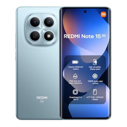 Xiaomi Redmi Note 15 5G, AU Version, Smartphone 256 GB, 6.77" 120Hz AMOLED Display, Snapdragon 6 Gen 3, 108MP AI Camera, 5520mAh Battery, Glacier Blue, Charger Not Included