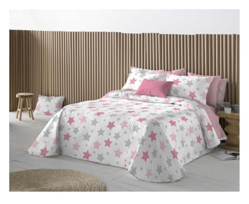 Colcha Bouti Infantil Juvenil Reversible 120 g Antilo Estrellas con 2 Fundas Cojín 50x70, Diseño Estampado en 2 Colores, Suave y Cómoda para Cama Infantil y Juvenil (Rosa, 90)
