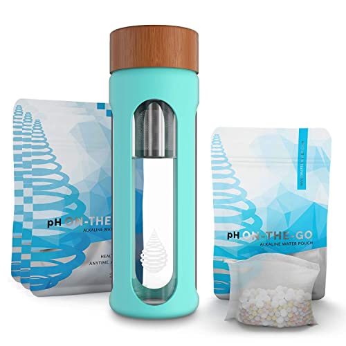 pH Hydrate Glass Alkaline Water Bottle - Portable Alkaline Water Filter, Increase pH, Reduce Fluoride, Remove Metals & Chlorine (580 ml) + pH ON-The-GO Alkaline Water Filter Pouch 30 g 3 pk Bundle