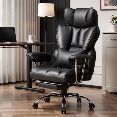 Image of Efomao Big & Tall Office Chair with Footrest, High-Back Leather Executive Desk Chair with Lumbar Support and Padded Armrests, Black
