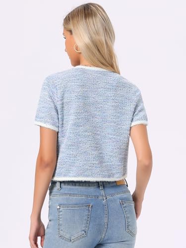 Image of Allegra K Short Sleeve Tweed Jacket for Women Summer Crew Neck Button Front Cropped Cardigan