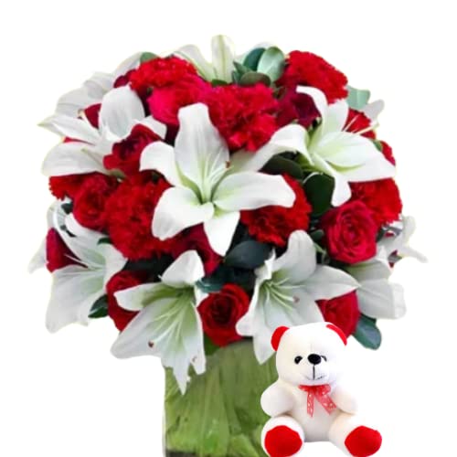 Floralbay Teddy Day Special Fresh Flowers Glass Vase Arrangement of 15 Red Roses, 15 Red Carnation and 8 White Asiatic Lilies With 6 Inch Teddy Bear