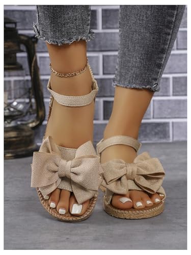Image of GORGLITTER Women's Bow Flat Sandals 2026 Dressy Cute Ankle Strap Slides | Summer Shoes for Women 2026, Slip On Open Toe Flats, Slingback Slides, Vacation Dress Sandals
