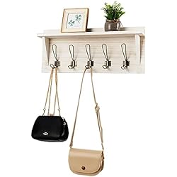 HOMASIS Estante de pared perchero, perchero de pared con 5 ganchos dobles y metal lisos, perchero de madera de paulownia pura, soporte de toalla, para pasillo, baño, salón, 61x25,5x8cm (Blanco)
