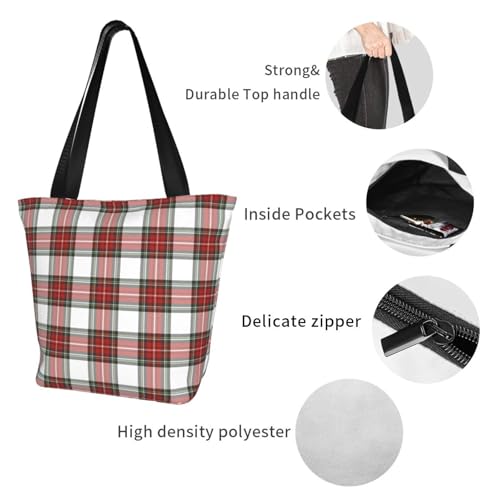 Christmas Plaid Red Tartan Check Reusable Zippered Shoulder Bag, Stylish Polyester Tote With Wide Handle & Inner Pocket, Lightweight Durable Shopping & Travel Bag3