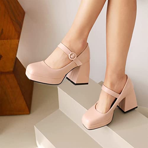 Mary Jane Shoes Women Square Toe High Heel Platform Pumps Patent Leather Punk Ankle Buckle Dress Shoes (Color : Pink, Size : 6.5-7 US)2