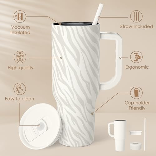 Image of SANDJEST Zebra Skin 40oz Slider Tumbler with Handle and Straw - Insulated Stainless Steel Travel Coffee Mug for Women Girls, Gift for Birthday, Christmas