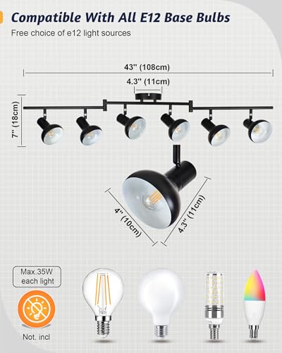 Image of HiBay 6-Light Track Lighting, Directional Rotatable Ceiling Light Fixture, Black Farmhouse Spotlight for Kitchen Living Room Office, E12 Base (Bulbs Not Included)