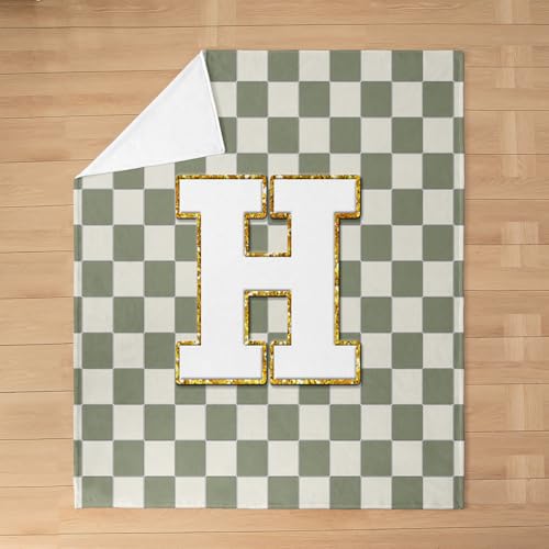 Image of Erosebridal Sage Green Checkered Fuzzy Plush Throw Plaid Initial H Fleece Blanket Personalized Monogram Flannel Blanket for Kids Boys Girls,Fashion Grids Gingham Decor for Bed Couch Baby 30 inchx40 inch