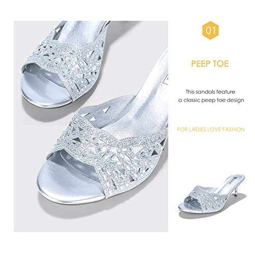 Idifu Womens Silver Gold Wedding Shoes For Bride Bridesmaid Low Kitten Peep Toe Heels Dress Sandals Glitter Formal Slide Mules With Heel(Silver Glitter, 9) #TOP2
