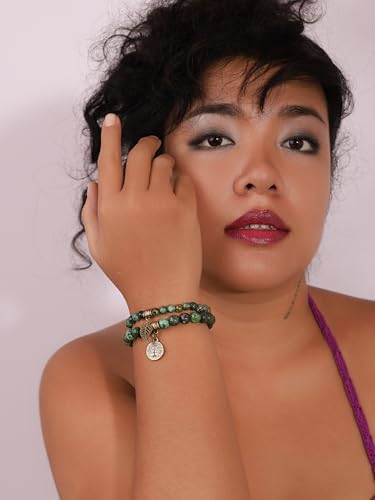 MINACHI Bohemian Beaded Bracelet Set, 2-Piece Layered, Created Stone with Leaf Tree Charm, Gift for Women3