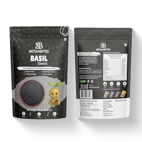 Image of BOTANBITES Basil Seeds 250g | Rich in Fibre & Plant-Based Omega-3 | Natural Superfood for Fat Loss, Digestion & Hydration | Sabja Seeds for Eating & Drinking | Vegan & Gluten-Free | 250g