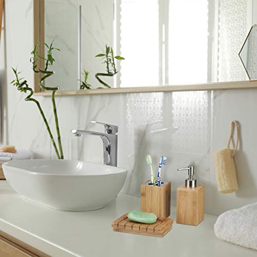 Relaxdays Badaccessoires Bambus, 3-teiliges Badezimmer Set aus Seifenspender, Seifenschale u. Zahnbürstenhalter, natur, 10 x 15 x 17.5 cm