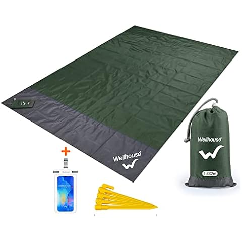 Sandproof Beach Blanket 55in×79in Camping Mat Waterproof Picnic Blankets with Floating Waterproof Phone Pouch Washable Rug for Travel Hiking Music Grass BBQ Trips Lightweight Quick Drying ArmyGreen Cover