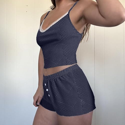 Image of Yuemengxuan Women Y2k Polka Dot Pajamas Sets 2 Piece Sexy Summer Outfits Set Sleeveless Strappy Cami Top Crop Top Shorts Set