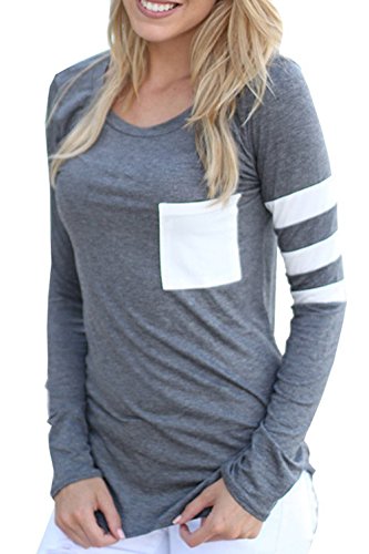 WILLTOO 2015 Womens Long Sleeve Round Neck Splice Shirt Blouse Tops (US Size:6, Gray)