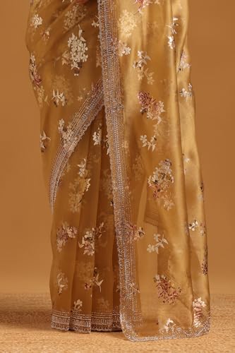 Image of Soch Womens Organza Floral Saree With Stone Work