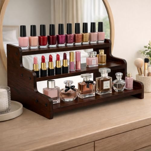 Image of FireBees Kitchen Organizer Rack | 3 Tier Wooden Kitchen Shelf Organisers & Shelf Riser for Counter Top | Wooden Kitchen Storage Stand | Rack for Spice Bottles, Jars, Seasonings (Brown)