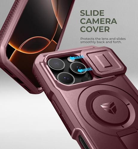 Image of Dexnor for iPhone 16 Pro Case with Slide Camera Cover & Adjustable Kickstand & Built-in Screen Protector,Compatible Wireless Charging Shockproof Cases Heavy-Duty Magnetic Protective Cover,Maroon Red