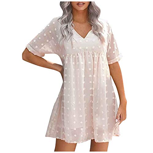 Sommer Damen Kleid Chiffon Hort V-Ausschnitt Strand Kleider Brautjungfer Party Cocktail Kleid Bohemien Lose Knielang Kleider High Waist Mini Polka Dots A-Linie Kleid (Beige, XL) Cover